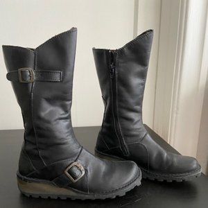 Fly London Black Leather Moto Boot Sz 37